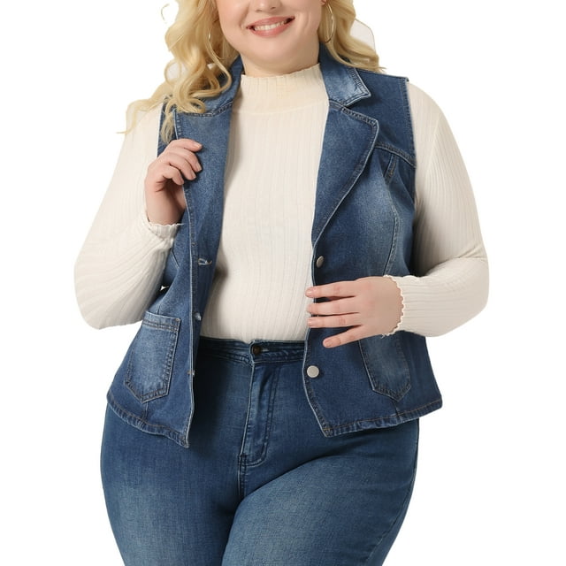 Chaleco de mezclilla sin mangas Agnes Orinda Plus Size para mujeres, chalecos clásicos de solapa, chaquetas de chambray, azul oscuro 3X