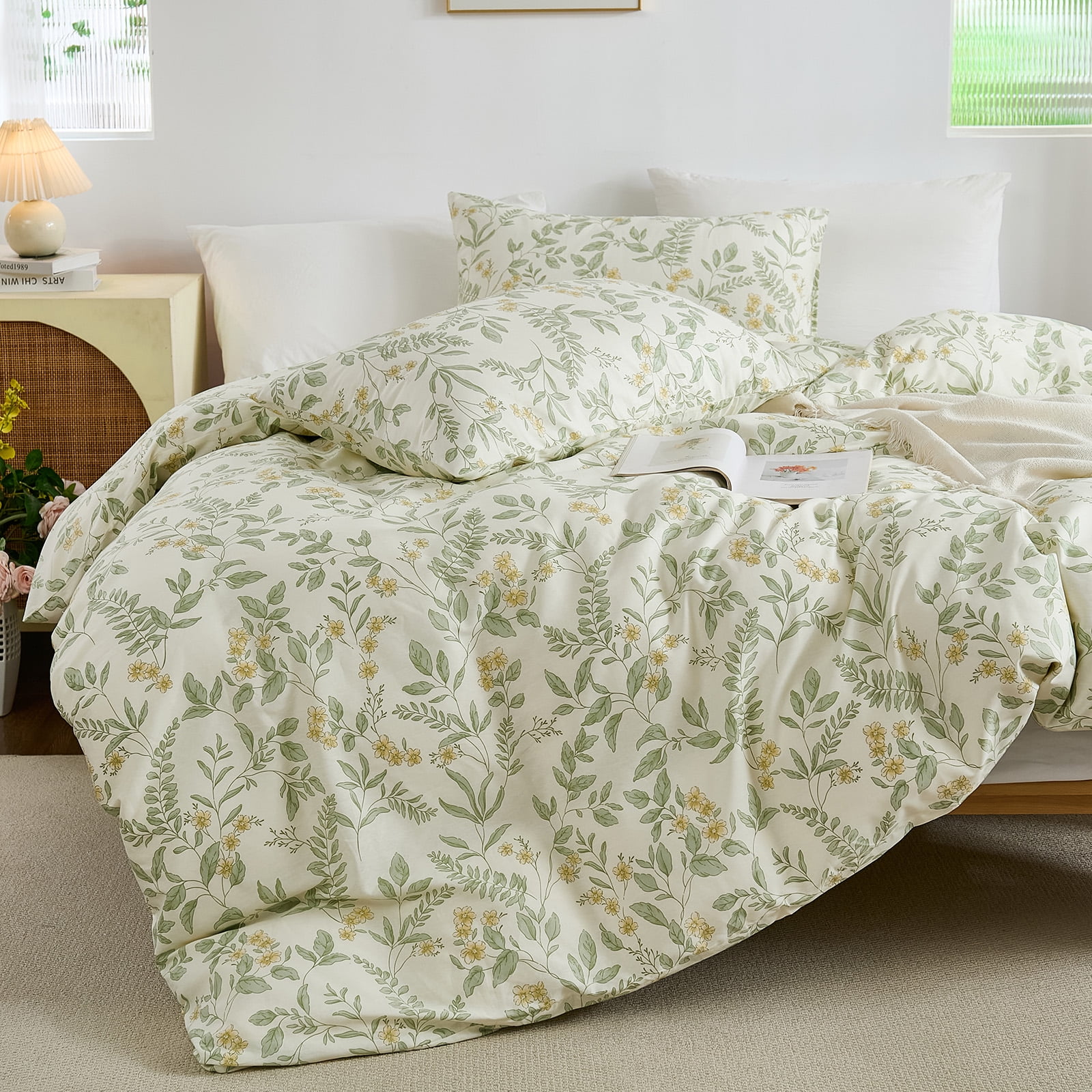 100% Nature Cotton Duvet Cover Vintage Reversible Green and Yellow Floral Garden Style Comforter Cover with Zipper Closure, 3 Pieces Soft & Breathable Green Bedding Set