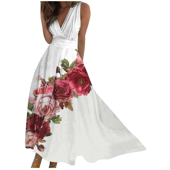 QIPOPIQ Womens Summer Wrap Maxi Dress Casual Boho Floral V Neck Sleeveless Ruffle Hem Beach Long Dresses Summer Clearance