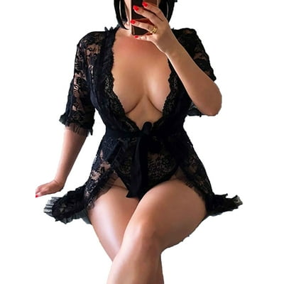 Multitrust Women's Eyelash Lace Babydoll Lingerie Mesh Nightwear Set Sheer Nightgown Dress