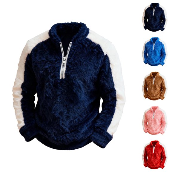 Half Zip Pullover Men Fall Winter Long Sleeve Loose Casual Color Block Fuzzy Pullover Sweatshirts