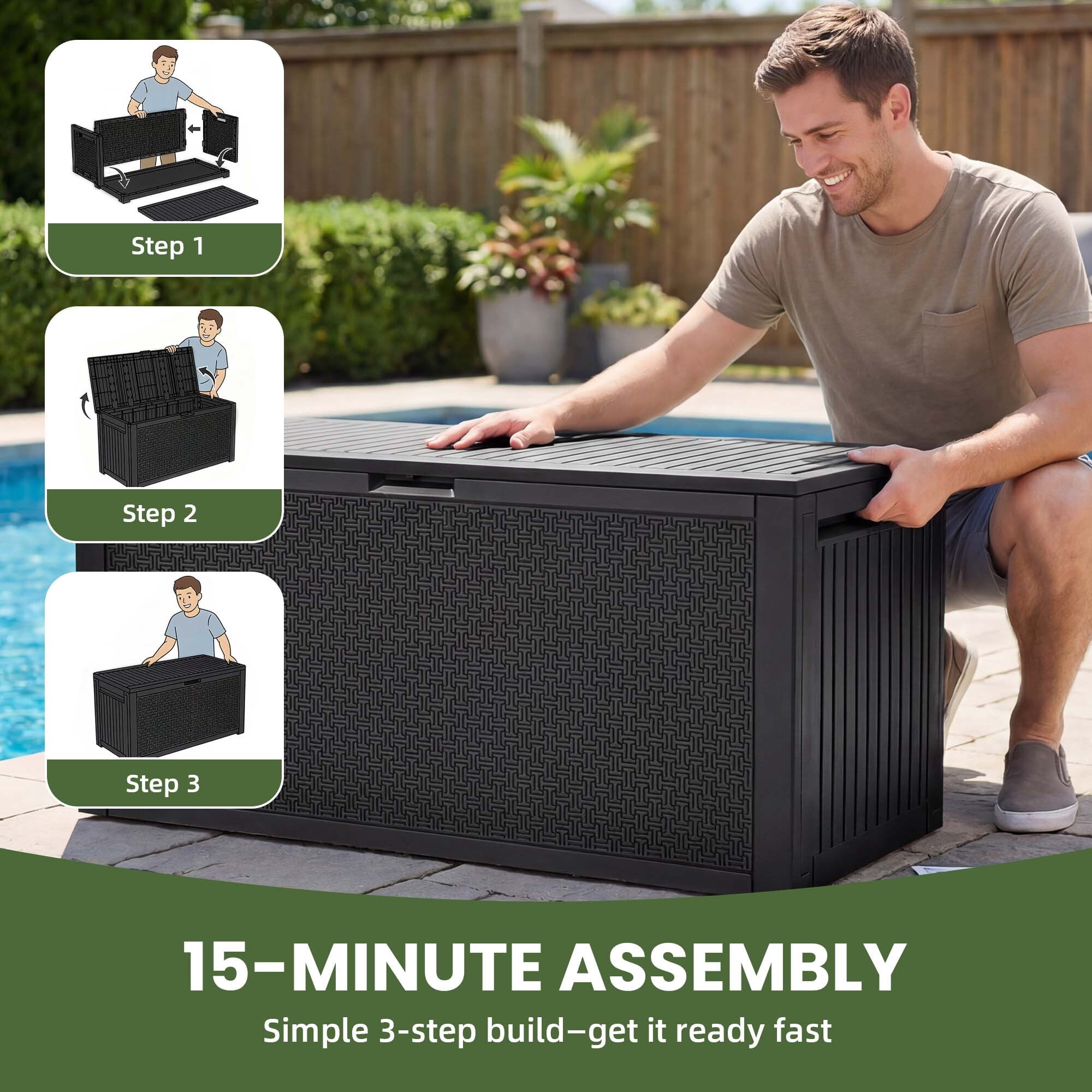 Uforic 90 Gallon Resin Deck Box, Waterproof UV Protected Lockable Outdoor Storage with Handles for Patio Cushions & Garden Tools, Black