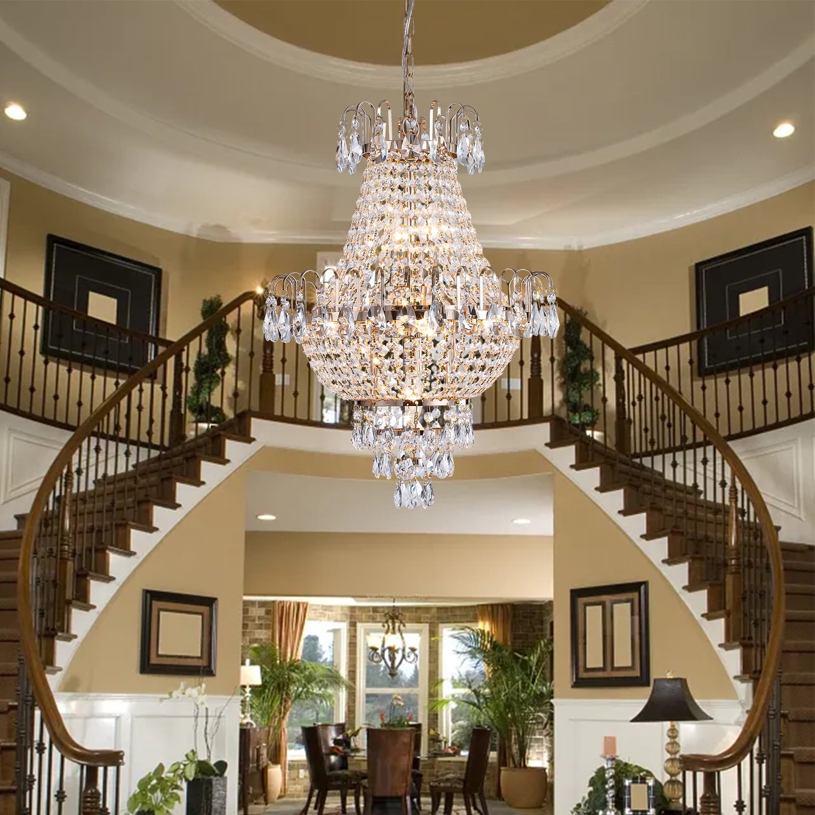 Crystal Chandelier 16.9'' 10-Light Pendant Light in French Gold Finish, Traditional Hanging Light Fixture with K9 Crystals and Adjustable Chain for Dining Room FoyerHigh Ceilings