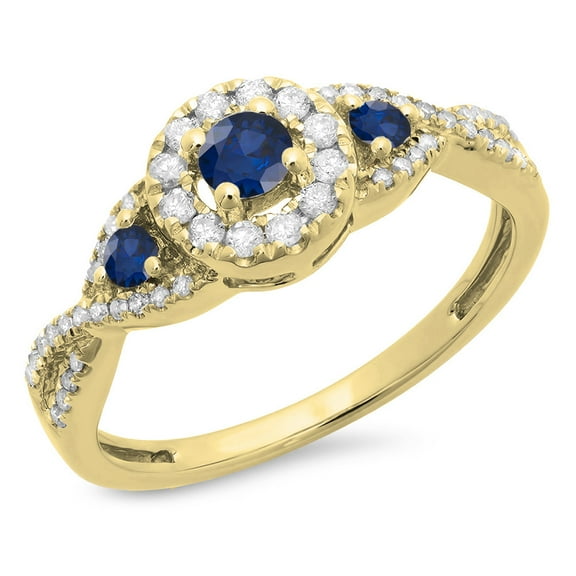Dazzlingrock Collection 10K Round Blue Sapphire & White Diamond 3 Stone Swirl Halo Bridal Engagement Ring, Yellow Gold, Size 10