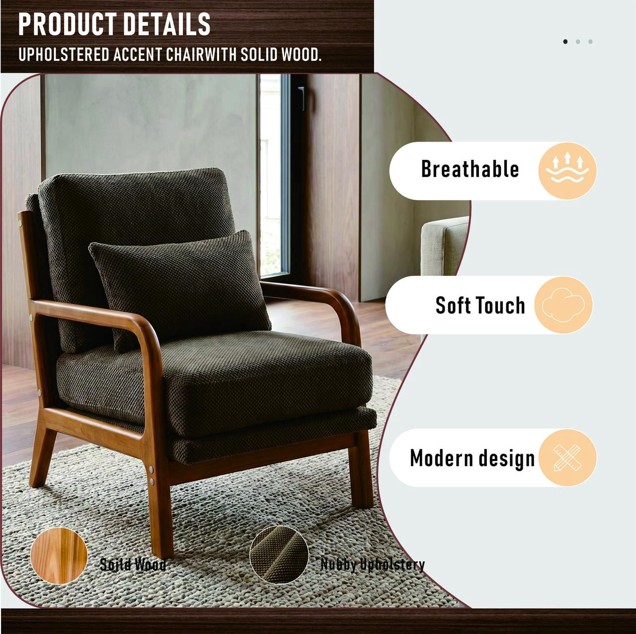 Homy Casa Mid-Century Modern Accent Chair, Nubby Upholstered Armchair with Solid Wood Frame, Brown