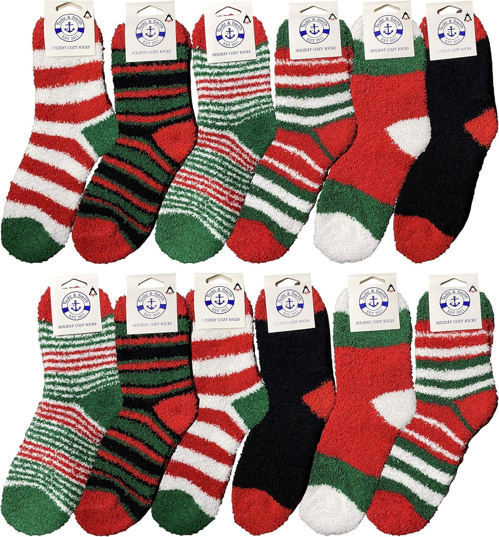 Yacht & Smith 12 Pairs Christmas Fuzzy Socks, Womens Holiday Slipper Sock, Furry, Bulk Gift Holiday Stocking Stuffer