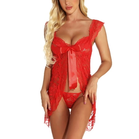 

Babydoll Lingerie for Women Pajamas Lace Front Bow Closure Lingerie V Neck Nightwear Sexy Chemise Nightie