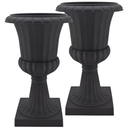 Arcadia Garden Products 16x27" Deluxe Pedestal Plastic Urn Planter, Black, Set of 2