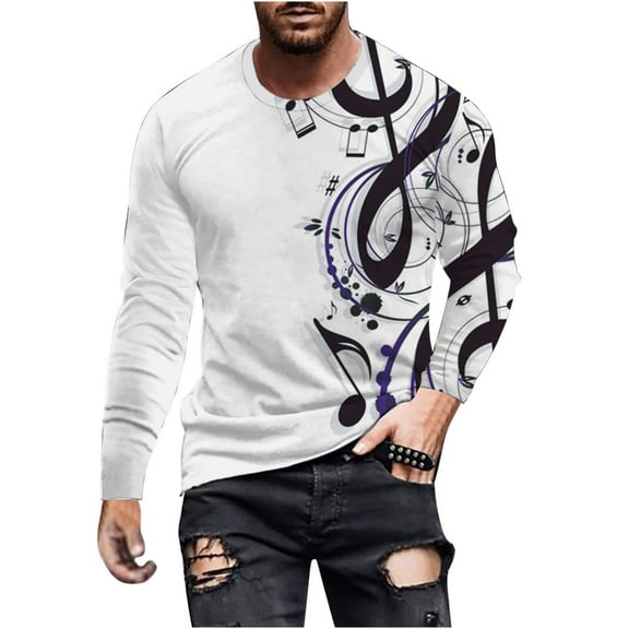 Qingpeng Men's Print T-Shirt Long Sleeve Round Neck Pullover Shirts Mens Casual Slim Fit Tee Blouses Daily Tops