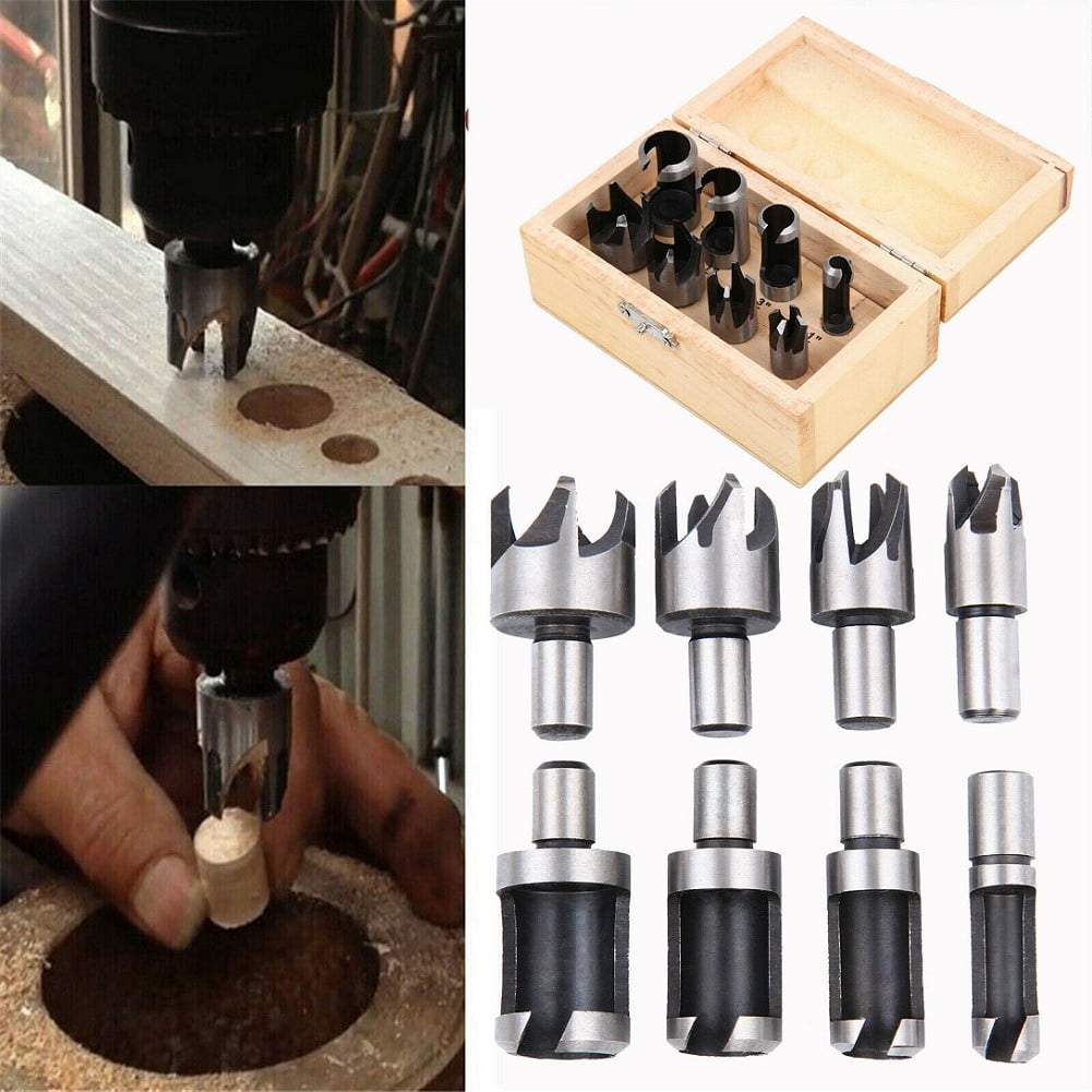 8Pc Wood Plug Hole Cutter Set Dowel Maker Tool Shank Drill Bits In Wooden Case Smile Home