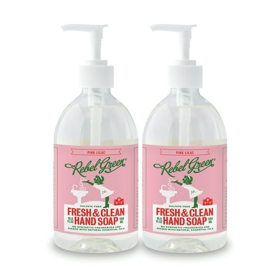 Rebel Green Fresh & Clean Hand Soap - Moisturizing Natural Bathroom & Kitchen Liquid Soap - Gentle Household Hand Wash - Pink Lilac, 12 Fl Oz (Pack of 2)