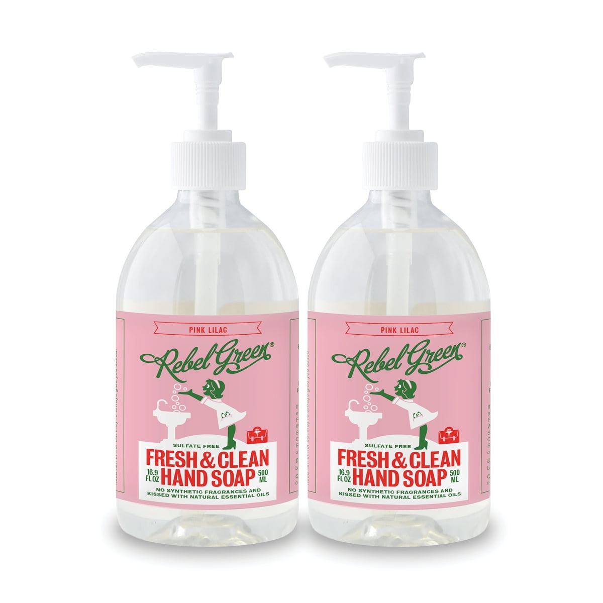 Rebel Green Fresh & Clean Hand Soap - Moisturizing Natural Bathroom & Kitchen Liquid Soap - Gentle Household Hand Wash - Pink Lilac, 12 Fl Oz (Pack of 2)