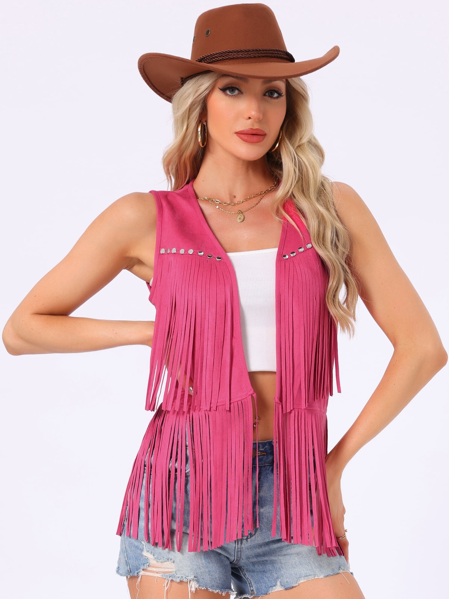 DARING DIVA Women's Vest Open Front Outfits Faux Suede Tassel Cardigan L Hot Pink