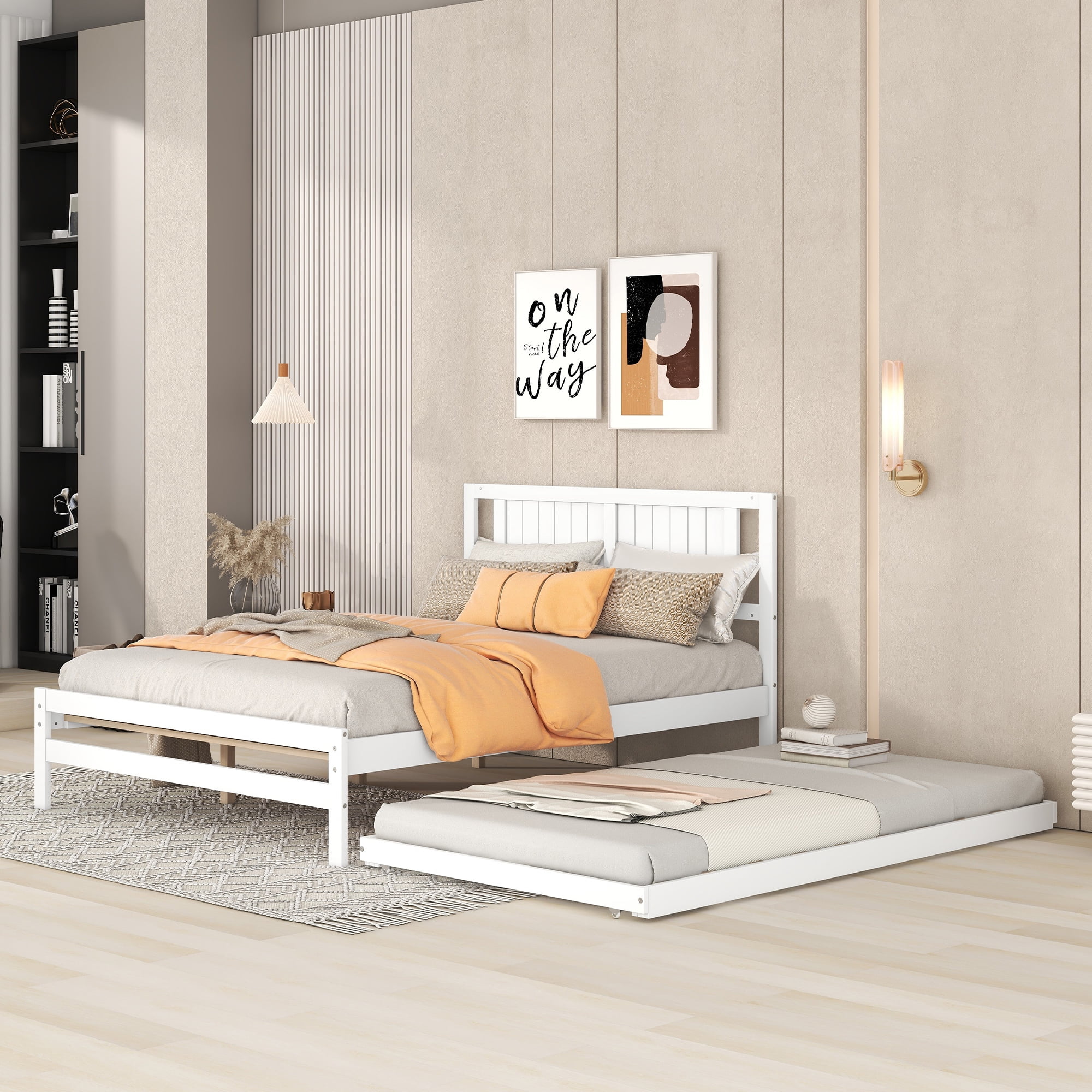 Euroco Pine Wood Full Bed with Twin Trundle, Convertible Beds, White