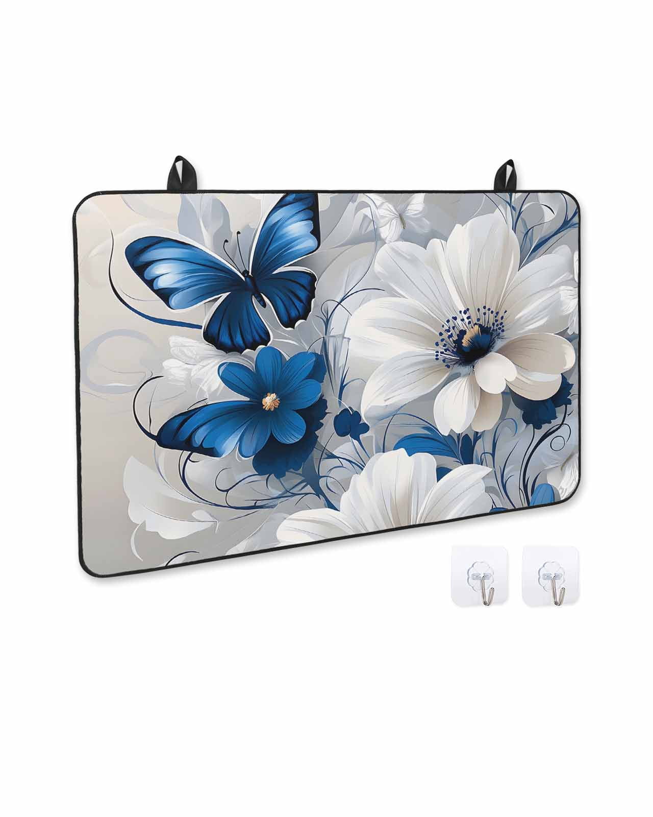 nqOlkjepod Large Induction Cooktop Protector Mat 36"x21", White Blue Flowers Stove Top Covers for Electric Stove, Modern Elegance Butterfly Floral Stove Burner Cover Mats, Glass Top Stove Cover
