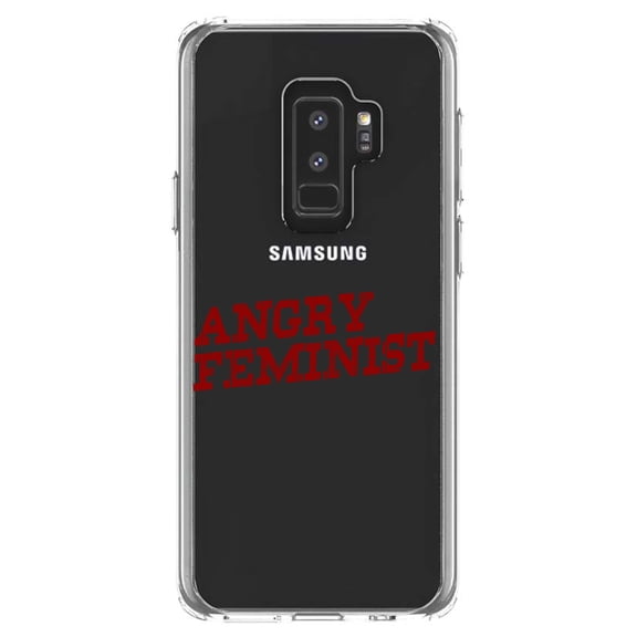 DistinctInk Clear Shockproof Hybrid Case for Samsung Galaxy S9  PLUS (6.2" Screen) - TPU Bumper Acrylic Back Tempered Glass Screen Protector - Angry Feminist