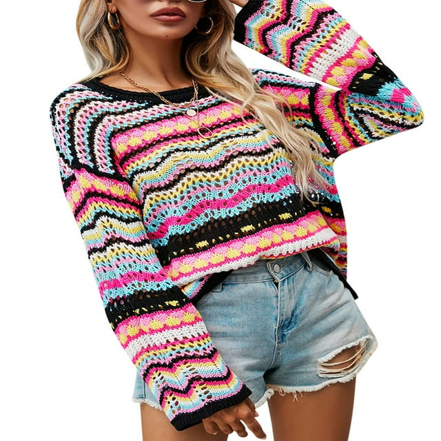 Chandail en Tricot Crochet pour Femmes, Col à Rayures, Crop Top Y2k, Automne, Décontracté, Bleu Royal, TG
