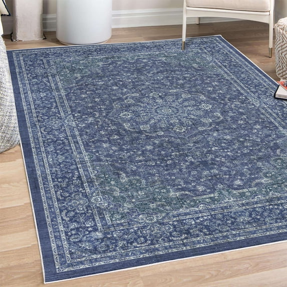 Vintage Decorative Rug, Bohemian Blossoming with Swirls and Curls Pattern Antique Nostalgic Vibes, Quality Carpet for Bedroom Dorm and Living Room, 6 Sizes, Indigo and Off White, by Ambesonne
