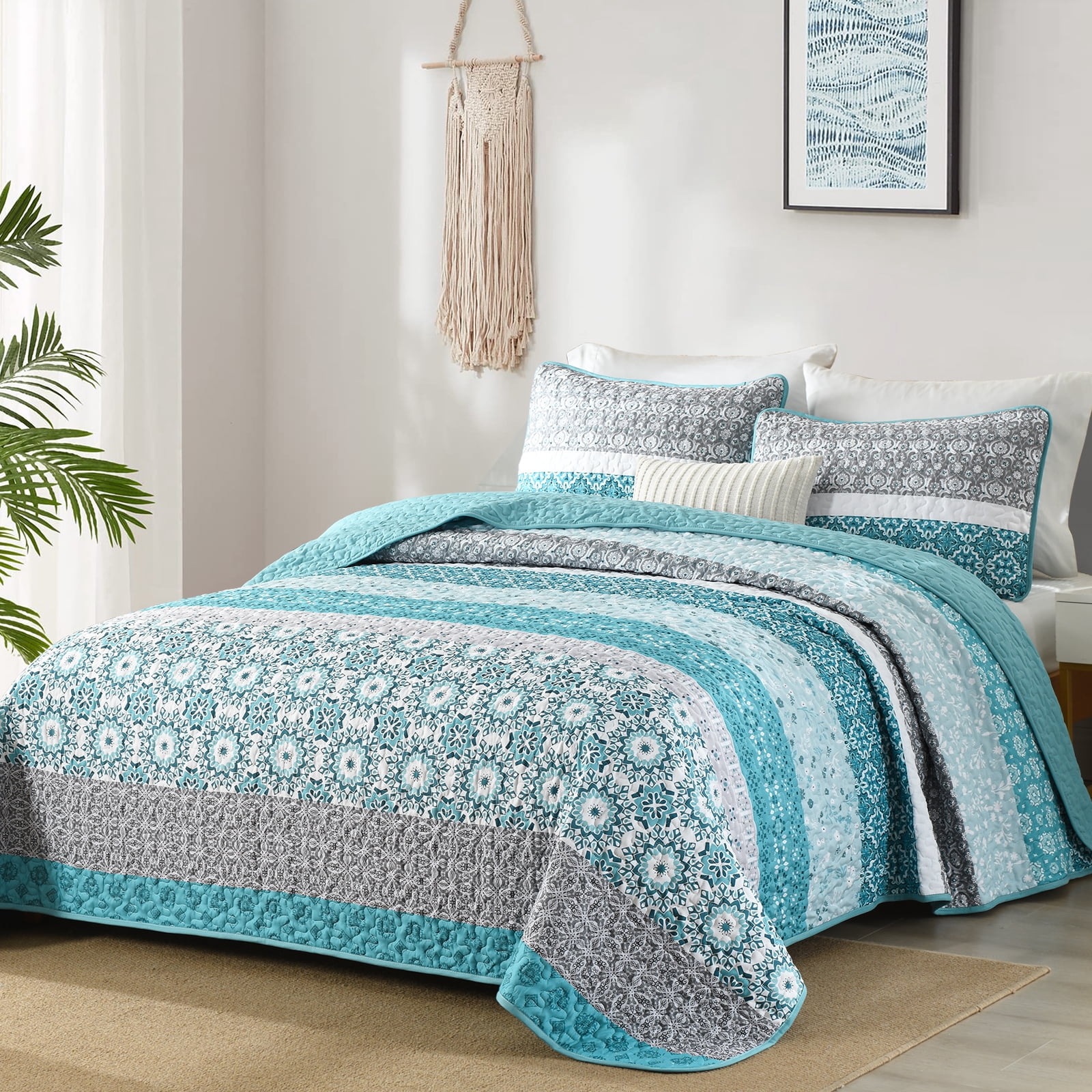 Dintszyayue Boho Quilt Set Queen,3Pcs Floral Teal Bohemian Bedding Sets Striped Patchwork Bedspread Set Adult(90"×96")
