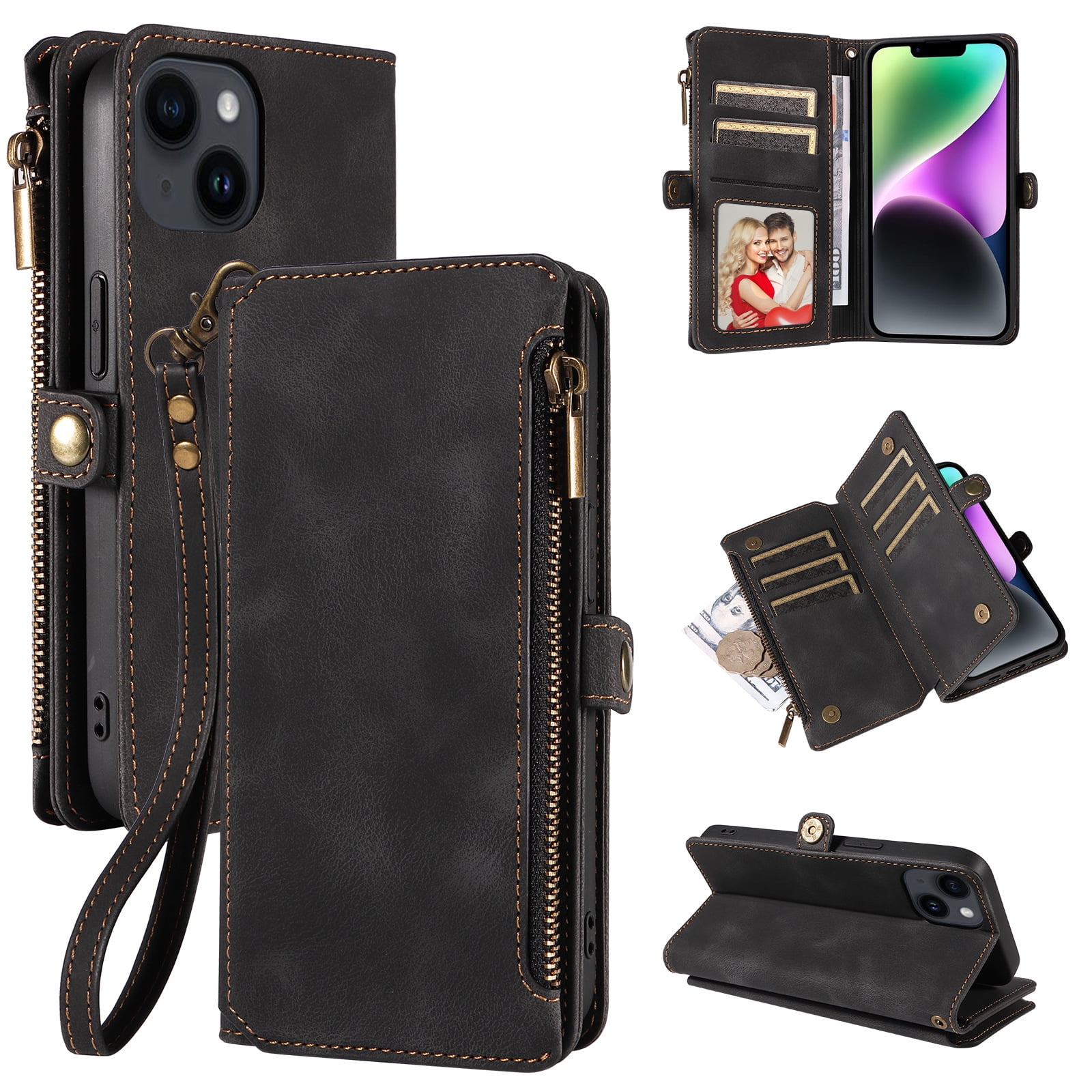 Solennerer Compatible with iPhone 14 Case Wallet with RFID Blocking Card Holder for Women and Men, Fashion PU Leather Magnetic Snap Flip Zipper Strap Wallet Phone Case Fit