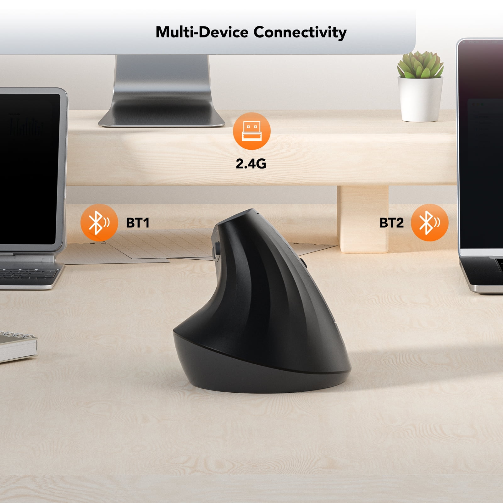 KYSONA Wireless Ergonomic Vertical Mouse, Quiet Click, 5 Level DPI, Bluetooth & 2.4G, Rechargeable, PC, Mac, Laptop, Black