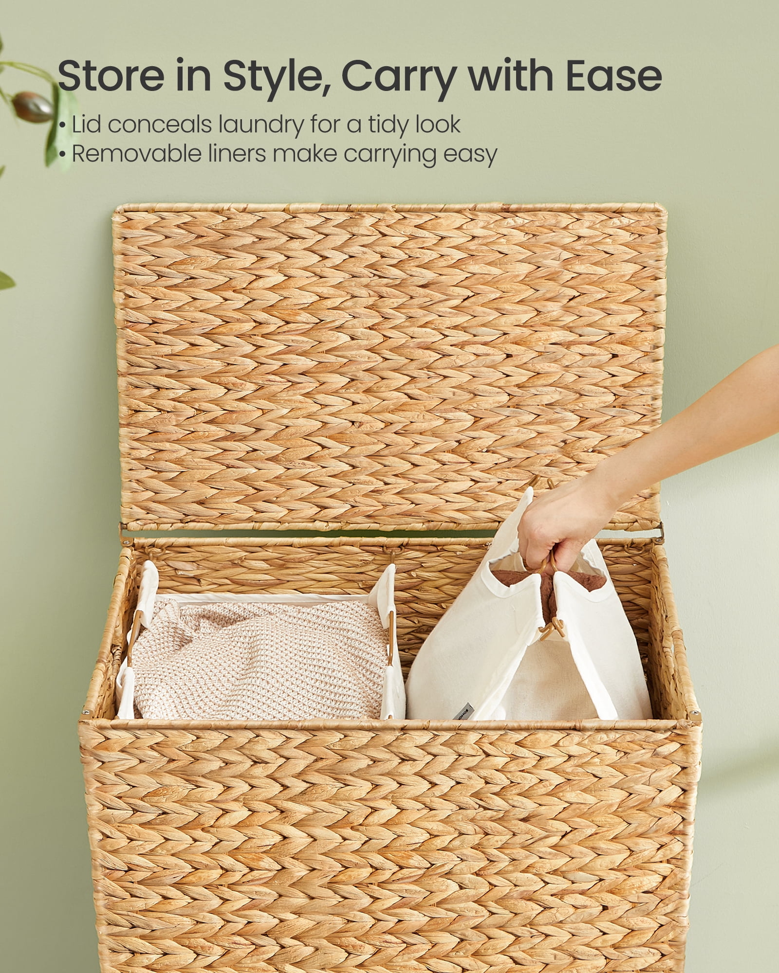 SONGMICS Laundry Hamper 2 Sections, 34.3 Gal. (130 L) Handwoven Water Hyacinth Wicker, with Lid, Removable Washable Liners, Handles, Natural