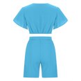 thumbnail image 6 of Two Piece Linen Sets for Women Spring Sets Women 2 Piece Outfits Clothing Set Female V-Neck Short Sleeve Tops Pants Sets Cargo Pant Style S_287 Women's Tracksuits Light Blue S, 6 of 9