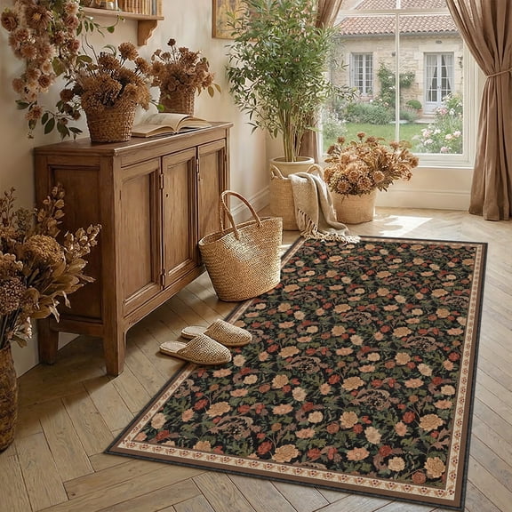 BERTHMEER 3'x5' Small Washable Area Rugs for Entryway Kitchen Living Room Bedroom Laundry Dinning Room Non Slip Rugs Oriental Vintage Traditional Floral Indoor Carpets,Black