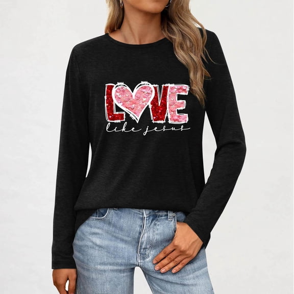 Aloohaidyvio Womens Love Heart Shirts Long Sleeve Valentine's Day Crewneck Casual Heart Graphic Tee Tops