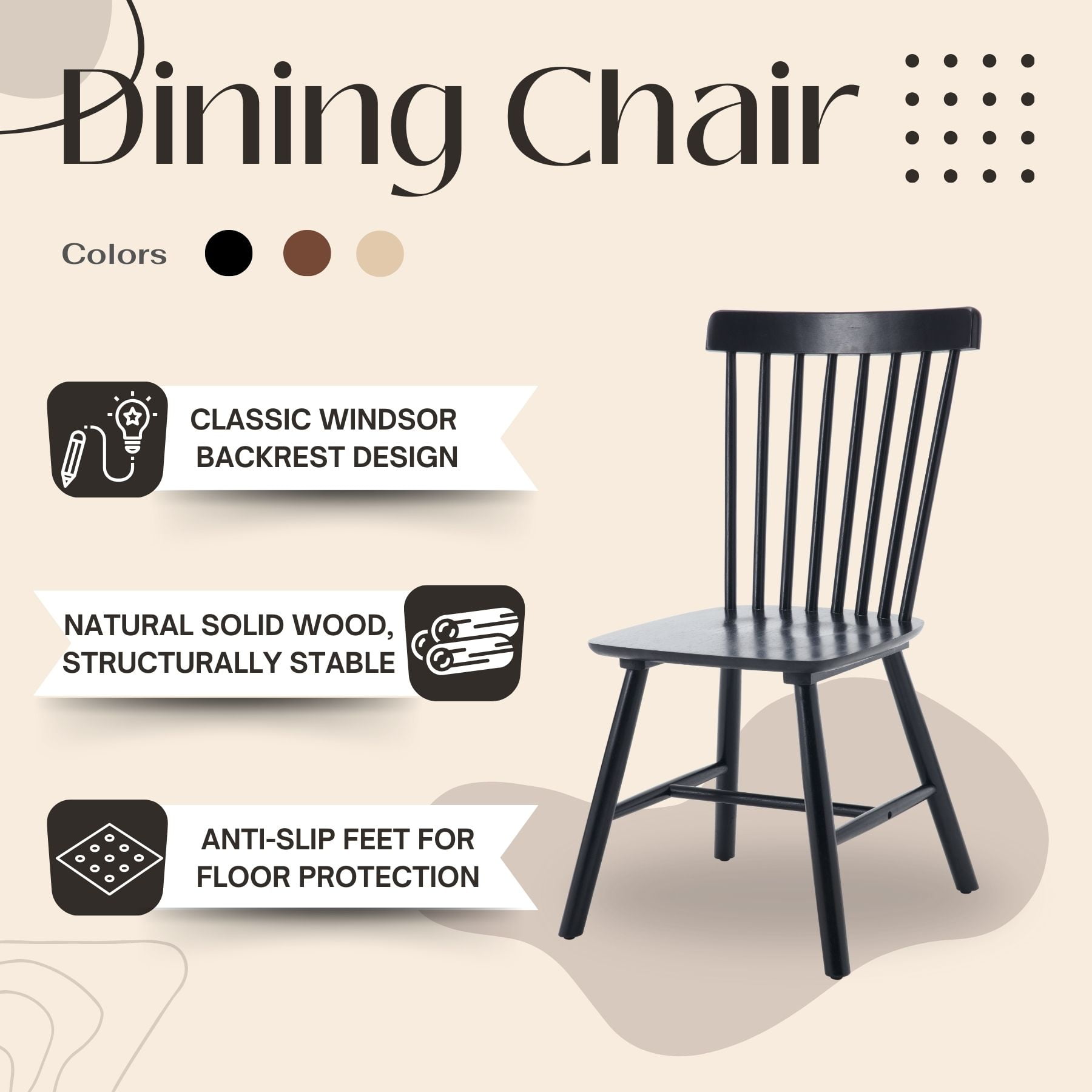 Dayalane Farmhouse Windsor Dining Chairs Set of 2, Solid Wood Spindle Back Dining Side Chairs, Mid-Century French Country Oak Kitchen Chairs for Dining Room Living Room Kitchen Restaurant, Black