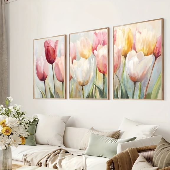 3pcs Set Frameless Boho Spring Tulip Flower Wall Art Poster Canvas Print Minimalist Botanical Floral Aesthetic Art Decor Trendy Painting for Dorm,Apartment,Living Room,Bedroom,Modern Home Decoratio