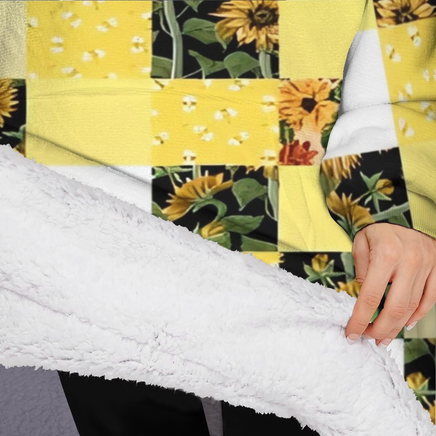 Oversized Wearable Blanket Hoodie,Yellow White Checker Sunflower Pattern Sherpa Blanket Hoodie with Super Pockets,Super Warm Fuzzy Pullover for Women & Men
