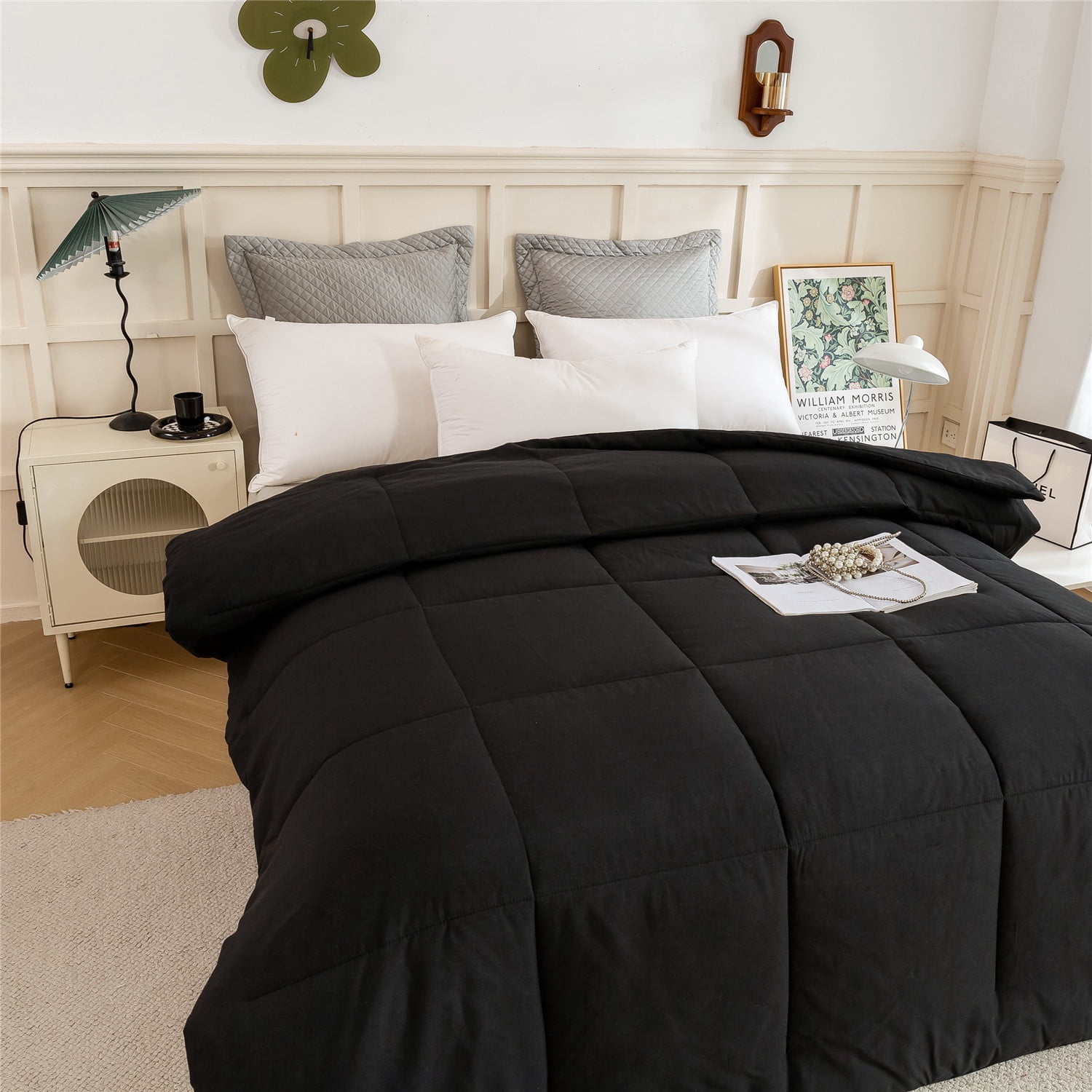 DBOZE Reversible Comforter, All-Season Lightweight Cotton Blend, Hypoallergenic Down Alternative Fill, Breathable & Box-Stitched Design(Black,King)