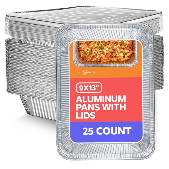 GUSTO 9x13 Disposable Aluminum Foil Pans with Lids – Heavy-Duty Half Size Baking & Catering Trays, 25-Pack