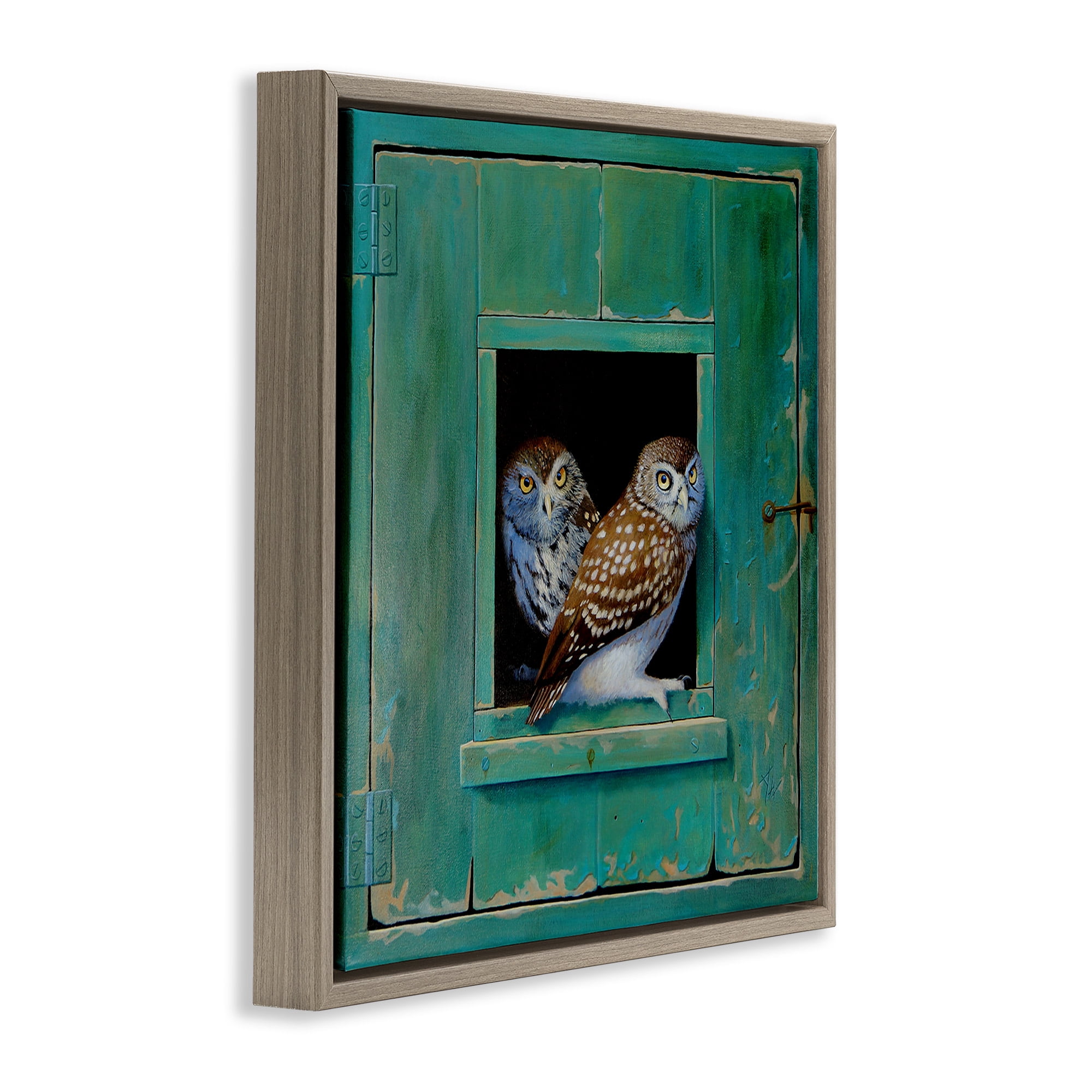 Stupell Industries Spotted Owls Perched Ledge Animals & Insects Painting Brown Floater Framed Canvas Art Print Wall Art, 18 x 18
