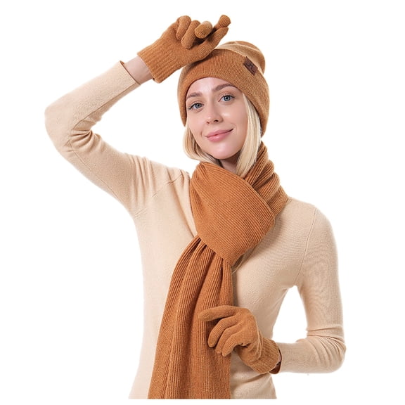 PMVFHDE Winter Knit Hat Gloves Scarf Three-Piece Set Solid Color Thickened Gloves Hat Warm Knit Accessories Set for Cold Weather Outdoor Activities A