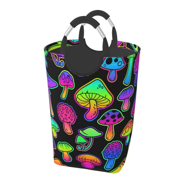 DouZhe 50L Rectangular Laundry Basket, Cartoon Watercolor Mushroom Prints Waterproof Foldable Laundry Hamper with Aluminum Handles