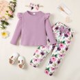 thumbnail image 3 of Kucnuzki 12 Months Baby Girl Winter Outfits Pants Sets 18 Months Long Sleeve Pure Color Rib Knitted Pull-Over Top Elastic Floral Pants Headband 3PCS Set Purple, 3 of 10