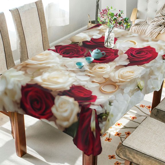 YAZAOO Square Tablecloth Roses and Gold Rings Pattern Tableclothes