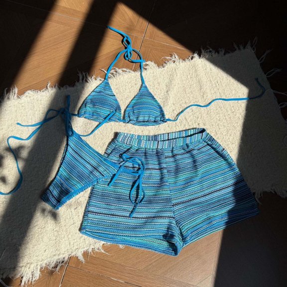 Viluyesy Womens Bikini Sets 3-Piece, Halter Bras Lace Up Triangle Bottom with Loose Shorts Swimsuits Retro Bathing Suits Blue M