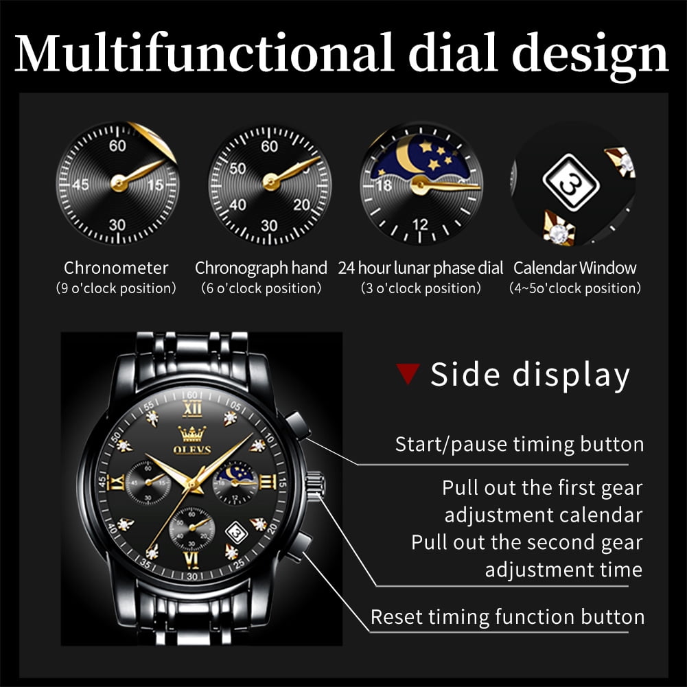 OLEVS Watches for Men, Mens Watches Gifts for Men Chronograph Analog Quartz Luxury Casual Classic Diamond Waterproof Luminous Stainless Steel Reloj para Hombre Black Dial