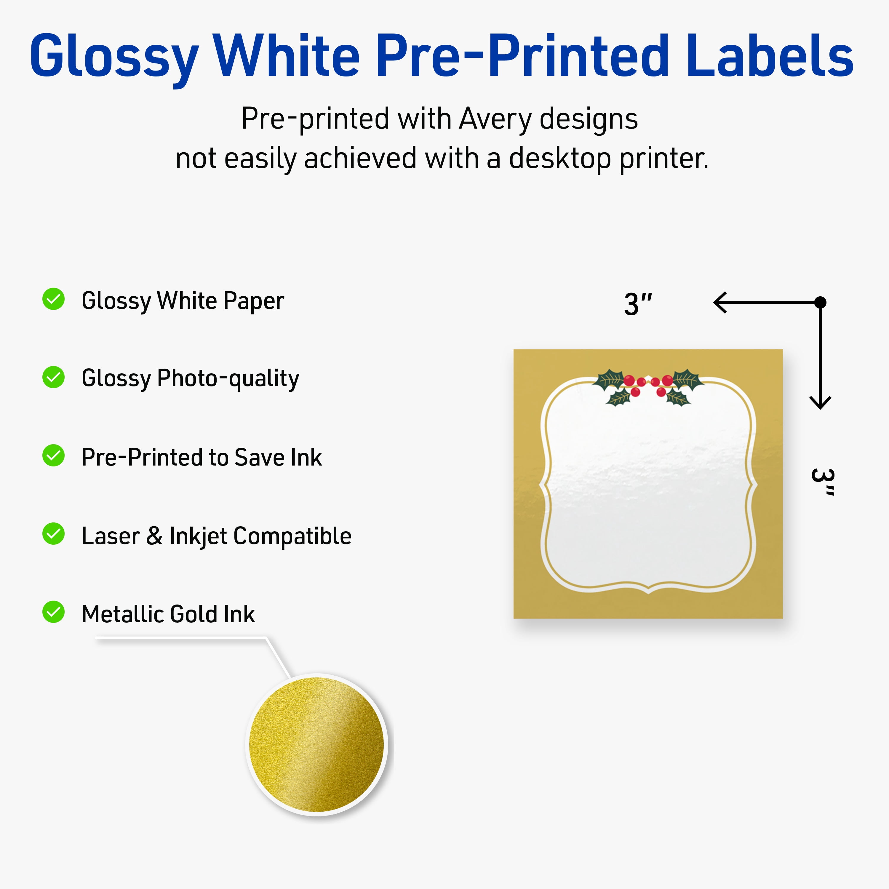 Avery Labels, 3" x 3", Gold-Metallic Berries, Glossy, 60ct