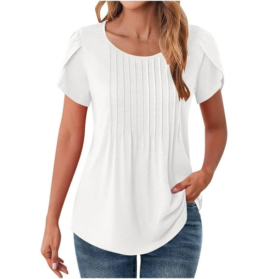 HAiming Womens Short Sleeve Round Neck Shirts Solid Color Casual Tunic Tops Summer Fashion Pleated Loose Tees Blouses