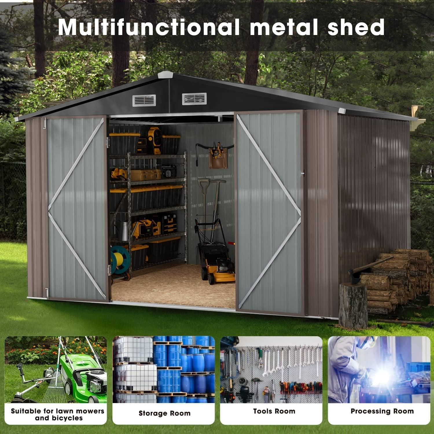 Metal Outdoor Storage Shed 9.7' x 7.6', Outdoor Metal Shed with Base Frame for Tool, Garden, Bike, Brown