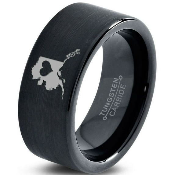 Tungsten Alaska The Last Frontier State Heart Band Ring 9mm Men Women Comfort Fit Black Flat Cut Brushed Polished