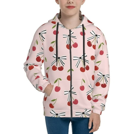 

Hoodies for Women Cute Red Berry Bow Tie Long Sleeve Sweatshirt Drawstring Zip Up Hoodie with Pockets Teen Girl Clothes