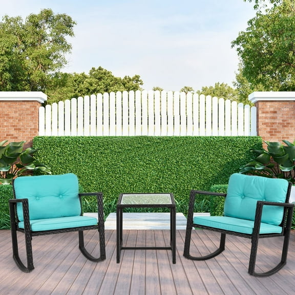 FDW 3 Pieces Wicker Rocking Bistro Conversation Set Chairs Outdoor with Cushions and Glass Coffee Table,Blue