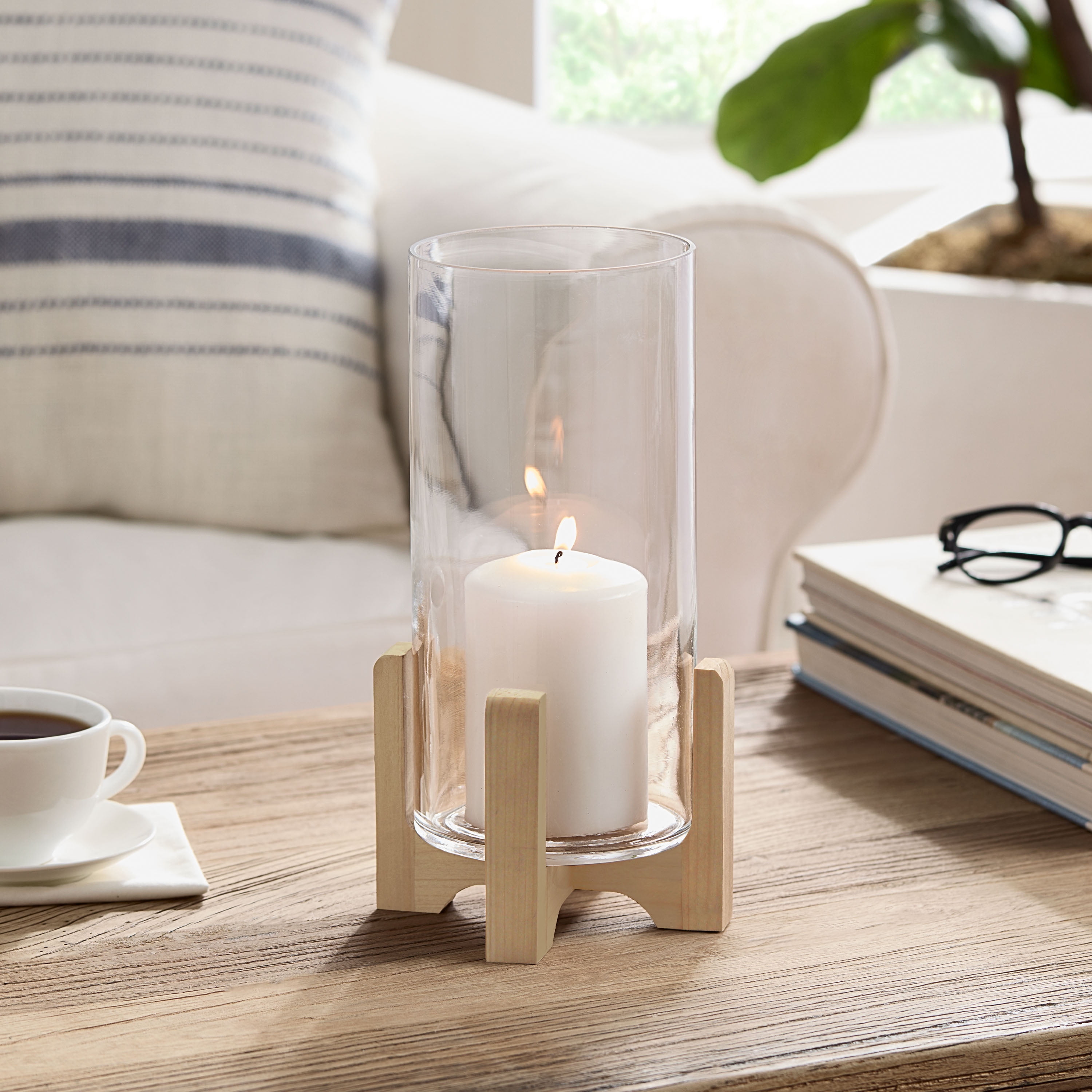 (2 pack) Better Homes & Gardens Glass Hurricane Candle Holder with Wood Stand, 11.5", Large