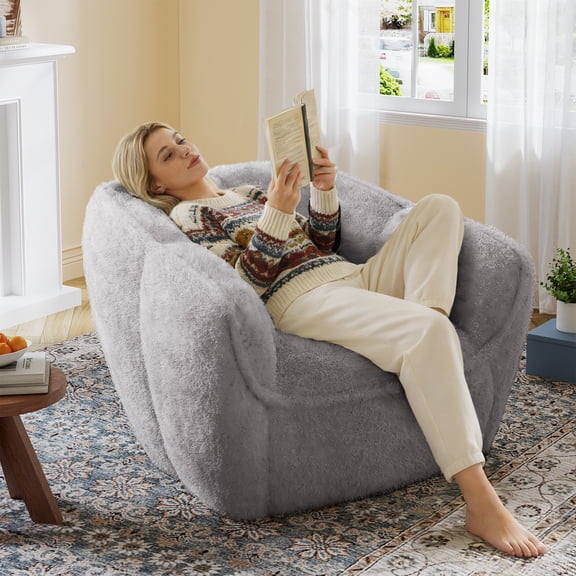 Fnkosi Bean Bag Chair for Adults & Kids, Zone Support Faux Rabbit Fur Chair for Living Room, Bedroom, Teen's Room, Gray