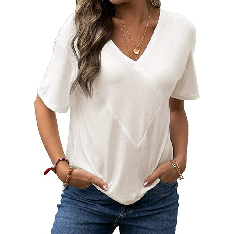 orm Ed lovgivning Women's Summer V-Neck Patchwork T-Shirt Short Sleeve Solid Color Loose Cotton  Tops - Walmart.com
